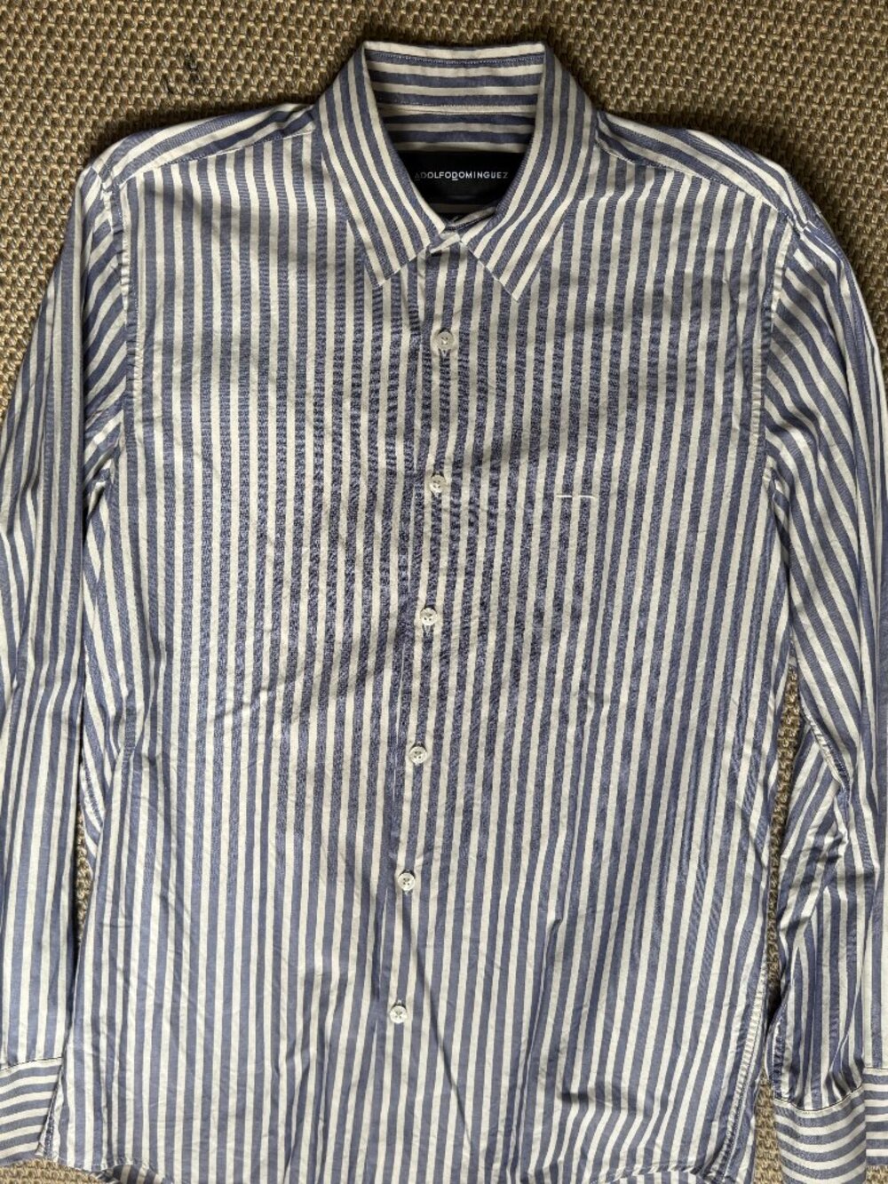 Adolfo Dominguez Ivory and Blue Thick Striped Button Down